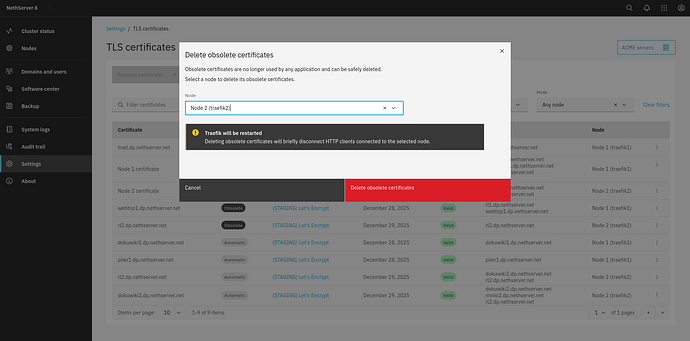 Delete obsolete certificates modal window