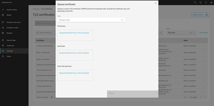 Upload certificate modal window